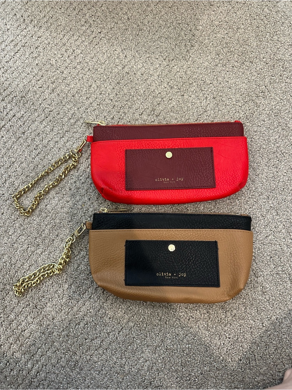 Olivia + Joy Red and Tan Leather Wristlet Duo with Gold Chain Accents